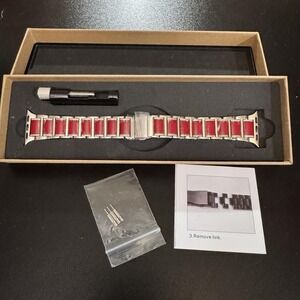 Stainless Steel Resin Smart Watch Band 38‎ 40 41mm Silver Red Apple Link Strap